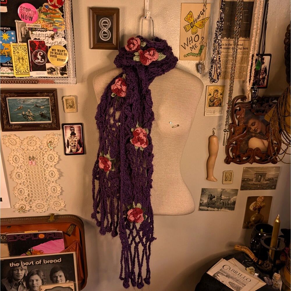 Crochet Rose Floral Extra Long Scarf Purple Fishnet Fringe